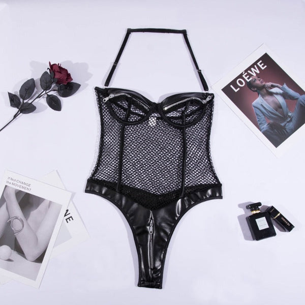 Black Zipper Fishnet Halter Neck Open Crotch Bodysuit Women Bodysuits