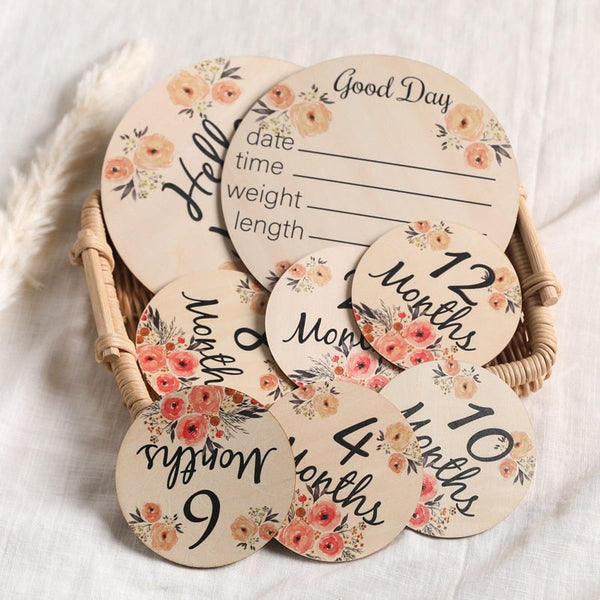 Wooden Baby Milestone Cards Double Sided Flowers Photography Props Set Of 6 Background Material