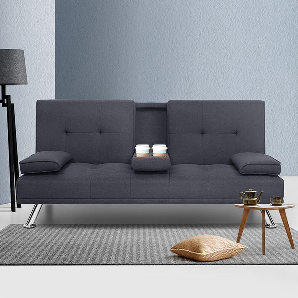 Artiss Linen Fabric 3 Seater Sofa Bed Recliner Lounge Couch Cup Holder Futon Dark Grey Sofas Armchairs & Couches