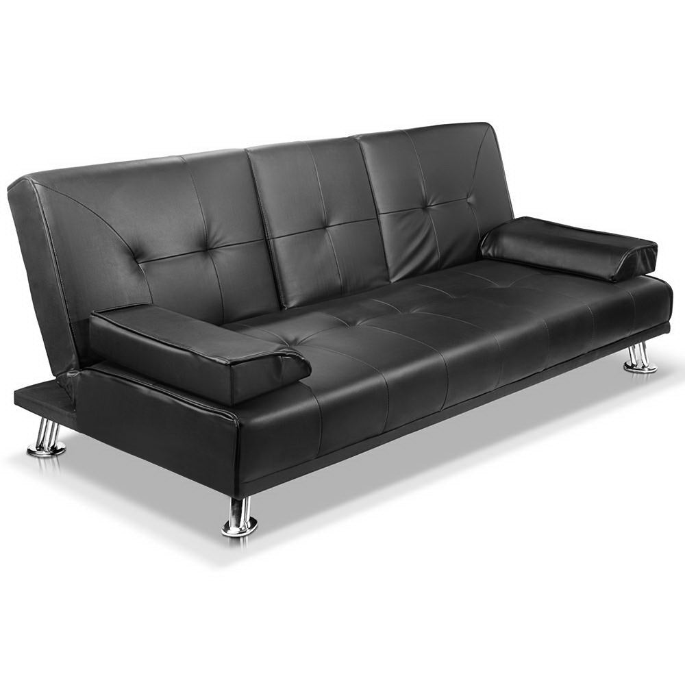 Artiss 3 Seater Pu Leather Sofa Bed Black Sofa Beds