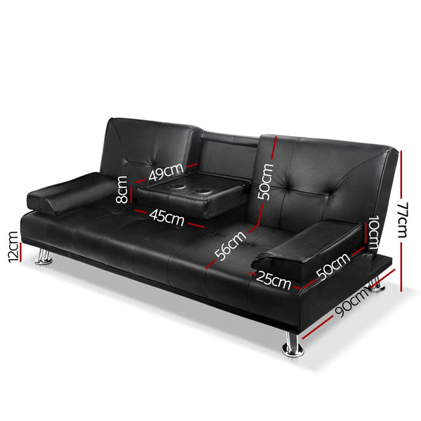 Artiss 3 Seater Pu Leather Sofa Bed Black Sofa Beds