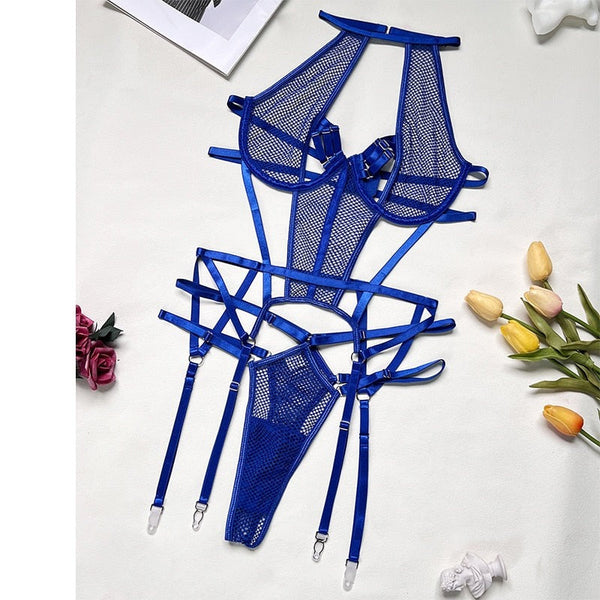 Mesh  Strappy Bandage Bodysuit Women Lingerie Colour Black Royal Blue White Bodysuits