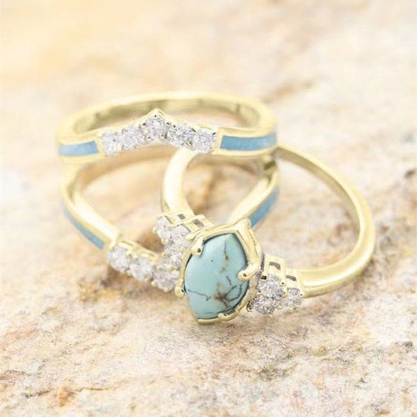 Veile Studios 3Pcs Set Elegant Turquoise Inlaid Stone Women Rings