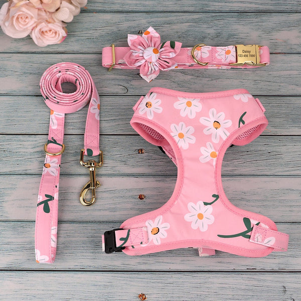 Flower Printed Dog Collar Floral Harness Leash Set For Small To Large Dogs Harnesses