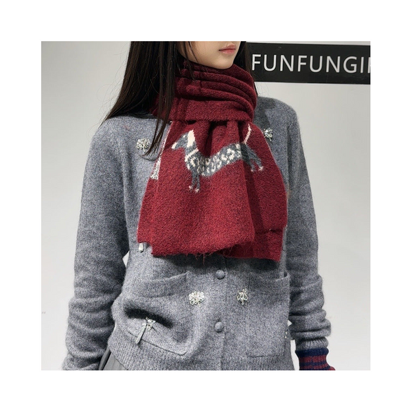 Red Cute Korean Style Wool Scarf With Dog Design Unisex Knitted Winter Neck Wrap Scarves & Wraps
