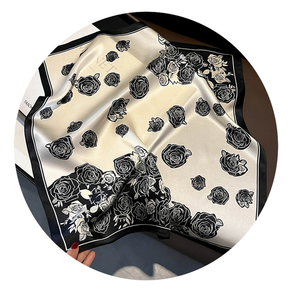 Black Pure Silk Scarf Elegant Flower Design, Square Handkerchief (Style 10) Scarves & Wraps