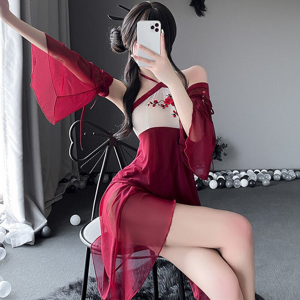 Chinese Blossom Satin Mesh Halter Chemise Dress Lingerie Sleepwear Red