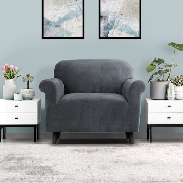 Artiss Velvet Sofa Cover Plush Couch Lounge Slipcover 1 Seater Grey