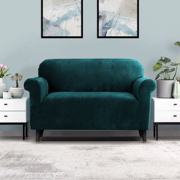 Artiss Velvet Sofa Cover Plush Couch Lounge Slipcover 2 Seater Agate Green Slipcovers