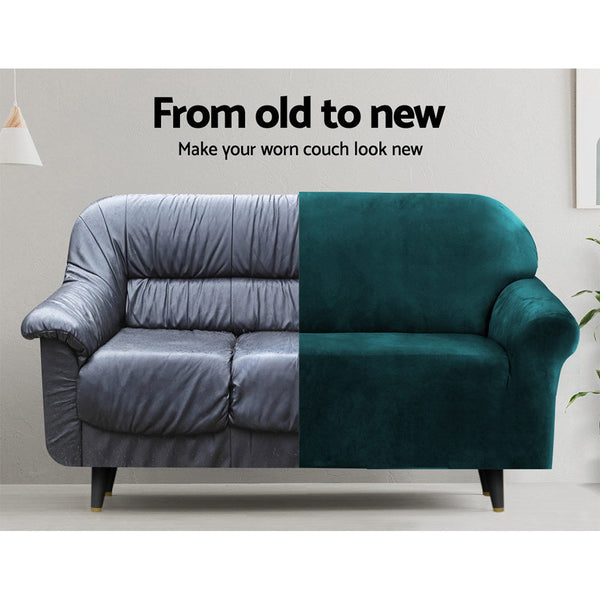 Artiss Velvet Sofa Cover Plush Couch Lounge Slipcover 3 Seater Agate Green