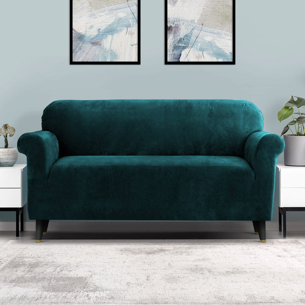 Artiss Velvet Sofa Cover Plush Couch Lounge Slipcover 3 Seater Agate Green Slipcovers