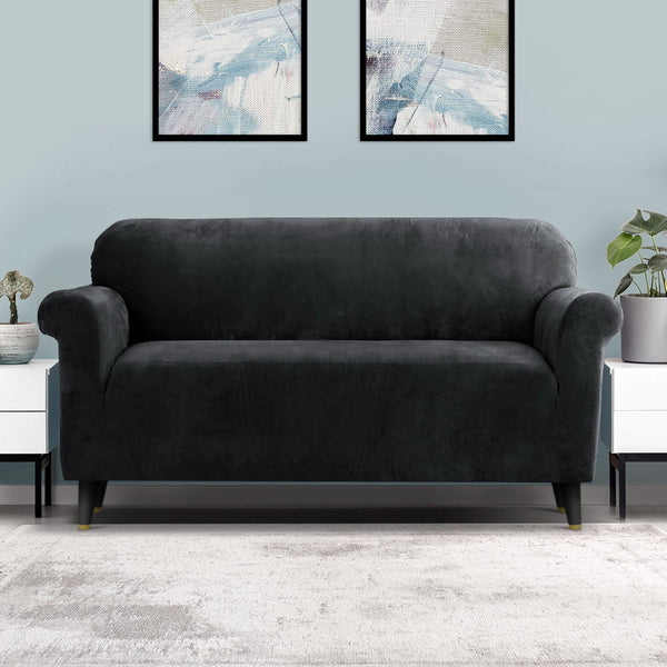 Artiss Velvet Sofa Cover Plush Couch Lounge Slipcover 3 Seater Black Slipcovers