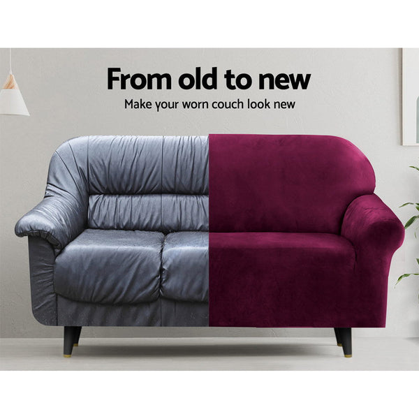 Artiss Velvet Sofa Cover Plush Couch Lounge Slipcover 3 Seater Ruby Red