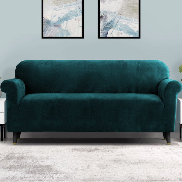 Artiss Velvet Sofa Cover Plush Couch Lounge Slipcover 4 Seater Agate Green Slipcovers