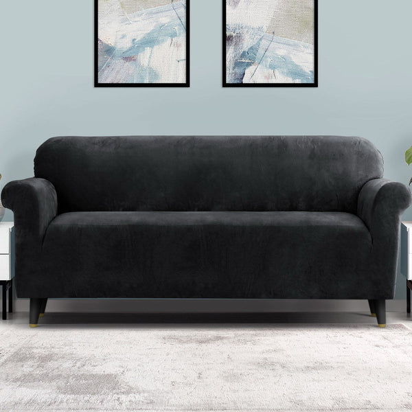 Artiss Velvet Sofa Cover Plush Couch Lounge Slipcover 4 Seater Black