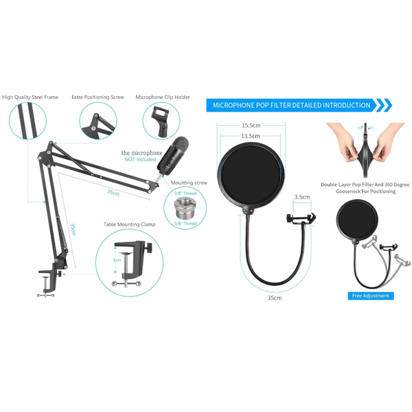 Microphone Radio Broadcasting Stand With 3/8"To 5/8" Screw Adapter And Windscreen Pop Filter