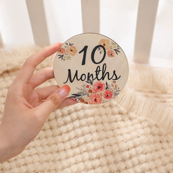 Wooden Baby Milestone Cards Double Sided Flowers Photography Props Set Of 6 Background Material