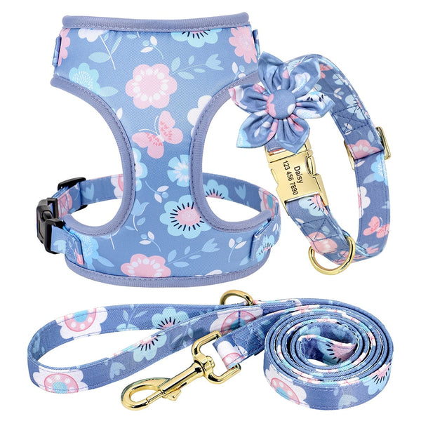 Flower Printed Dog Collar Floral Harness Leash Set For Small To Large Dogs Harnesses