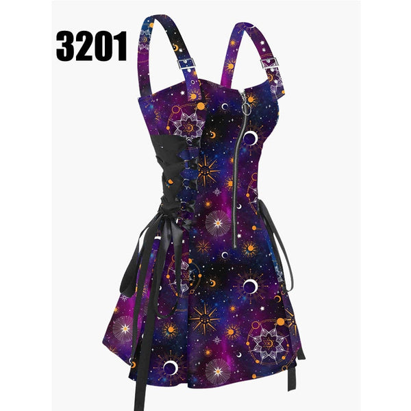 Celestial Sun Moon Print Lace Up Mini Dress Summer Gothic Women Square Neck Witch Dresses
