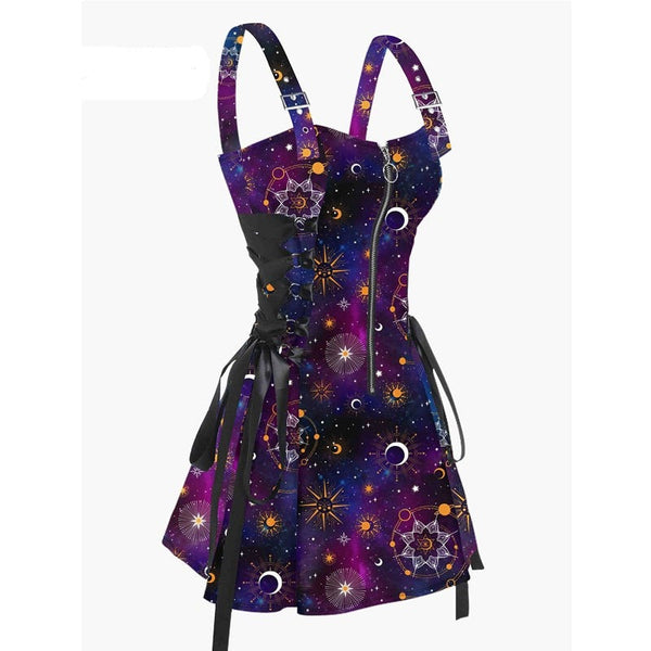 Celestial Sun Moon Print Lace Up Mini Dress Summer Gothic Women Square Neck Witch Dresses