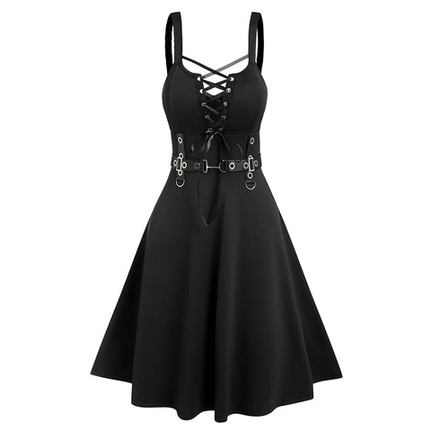 Lace Up Ruffle Straps Dress Sleeveless A Line Punk Style Knee Length Solid Black Dresses