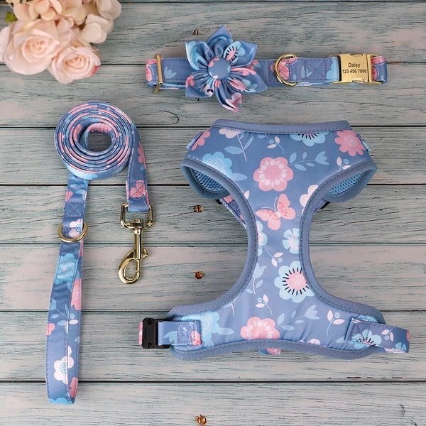 Flower Printed Dog Collar Floral Harness Leash Set For Small To Large Dogs Harnesses
