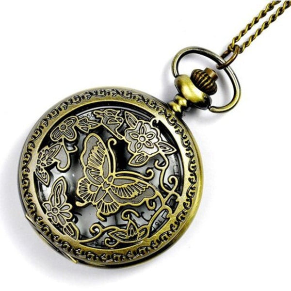 Veile Studios Seasonal 3152438 Retro Exquisite Butterfly Carved Flower Hollow Pocket Watch Champagne Gold Pocket Watches