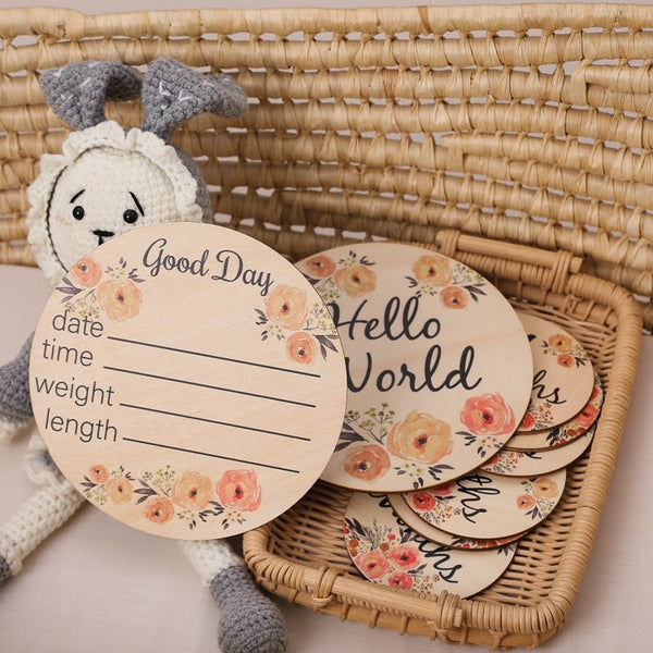 Background Material Wooden Baby Milestone Cards Double Sided Flowers Photography Props Set Of 6