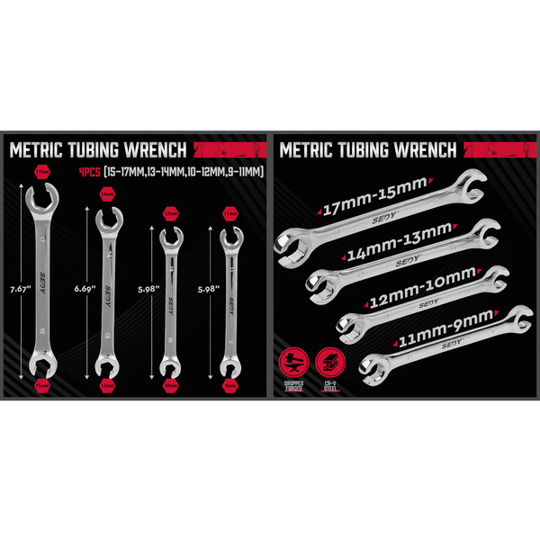 Sedy 4Pc Flare Nut Wrench Set Offset End Spanner Metric Cr V Steel Storage Pouch Wrench Sets