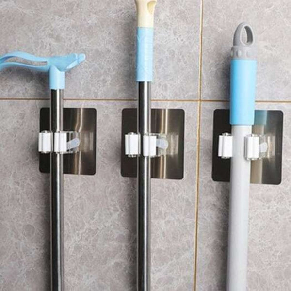 Self Adhesive Broom Mop Holder Wall Clip Hook 2Pcs Silver