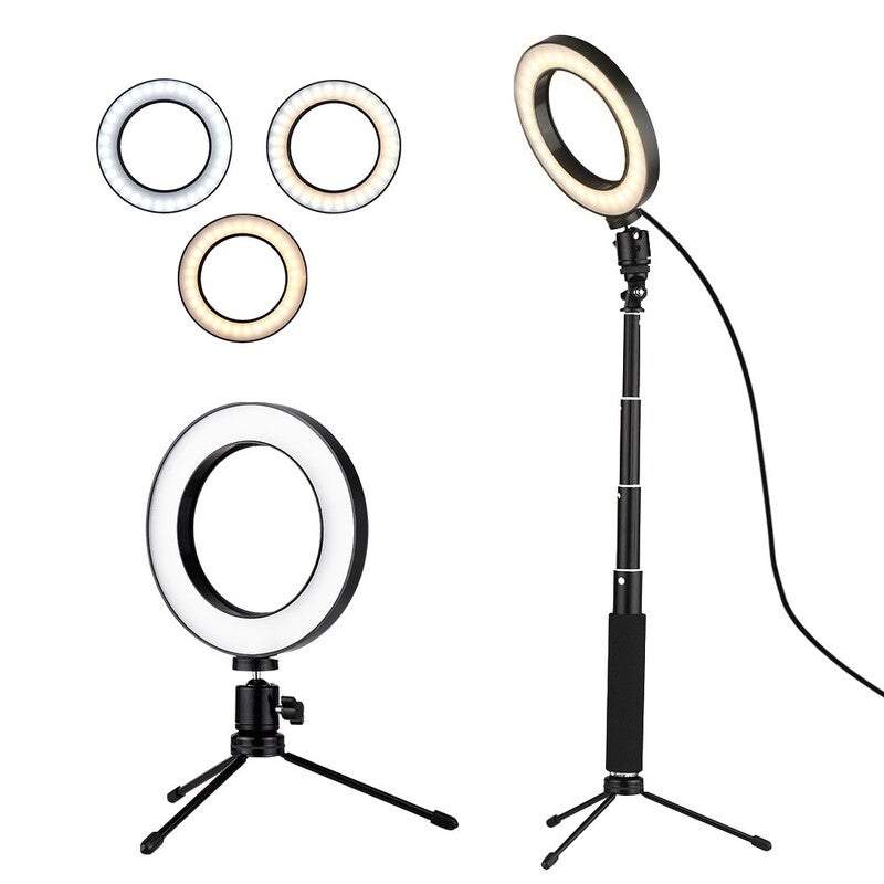 Camera Tripods Gimbals Selfie Sticks Light 8 Inch Desktop Mini Led Video Ring Lamp Dimmable 3 Lighting Modes Usb Powered With Telescopic Stand For Net