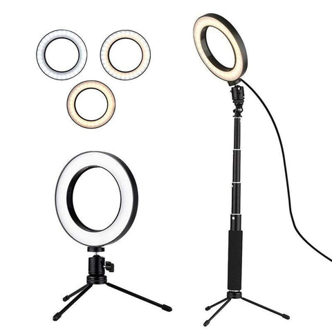 Camera Tripods Gimbals Selfie Sticks Light 8 Inch Desktop Mini Led Video Ring Lamp Dimmable 3 Lighting Modes Usb Powered With Telescopic Stand For Network Broadcast Facial Makeup