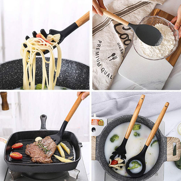 Premium Silicone 10 Piece Set With Bamboo Wood Handles Cooking Utensils