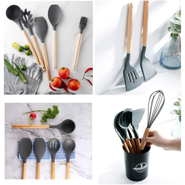 Premium Silicone 10 Piece Cooking Utensils Set With Bamboo Wood Handles