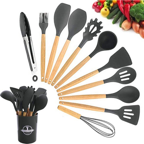 Premium Silicone 10 Piece Set With Bamboo Wood Handles Cooking Utensils