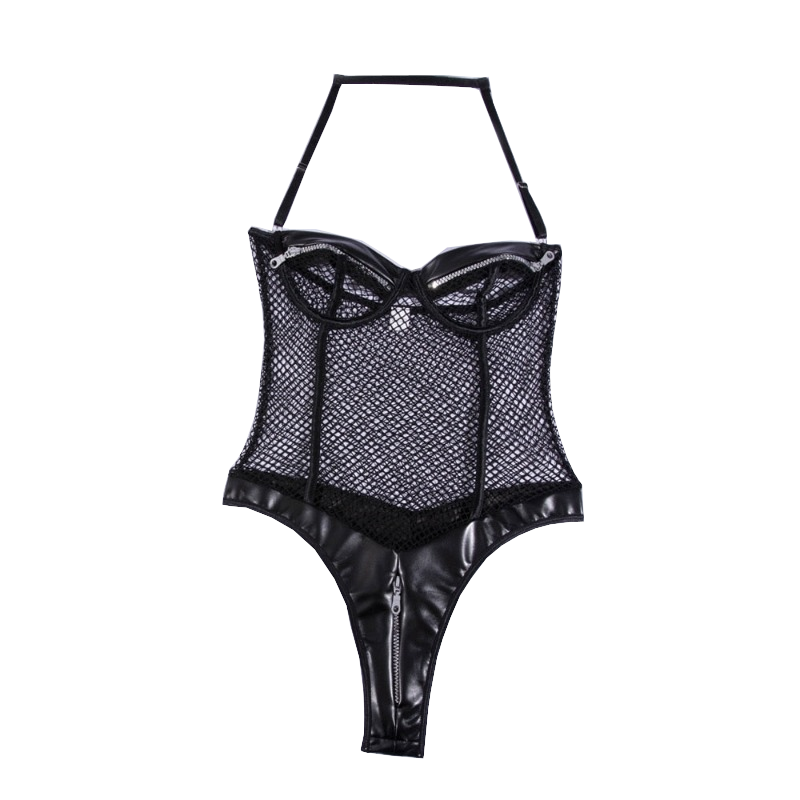 Sexy Black Zipper Fishnet Halter Neck Open Crotch Bodysuit Women