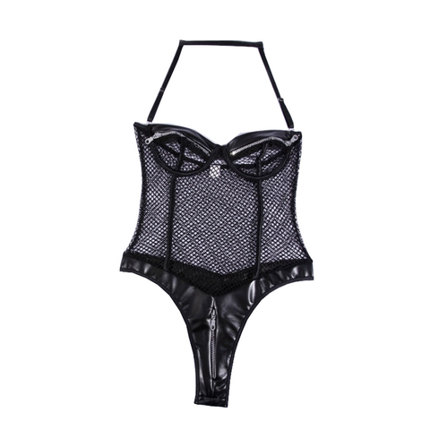 Bodysuits Sexy Black Zipper Fishnet Halter Neck Open Crotch Bodysuit Women