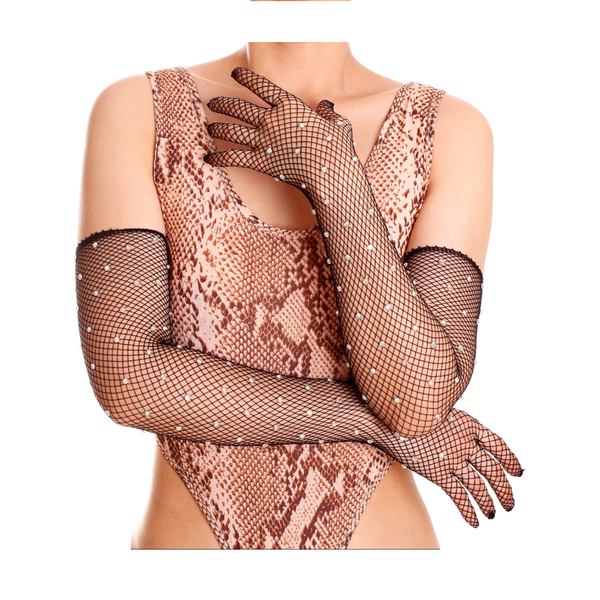 Rhinestone Diamond Mesh Long Black Fishnet Gloves