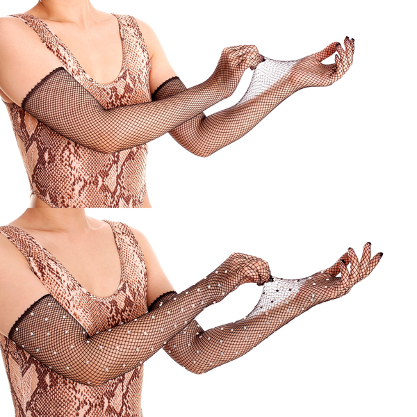 Rhinestone Diamond Mesh Long Black Fishnet Gloves