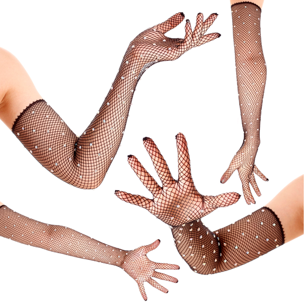 Rhinestone Diamond Mesh Long Black Fishnet Gloves