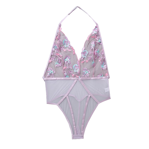 Sexy Pink Lingerie Floral Embroidery Transparent Sheer Bodysuit Women