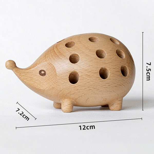 Solid Wood Carved Hedgehog Pencil Holder Nordic Home Decor Storage
