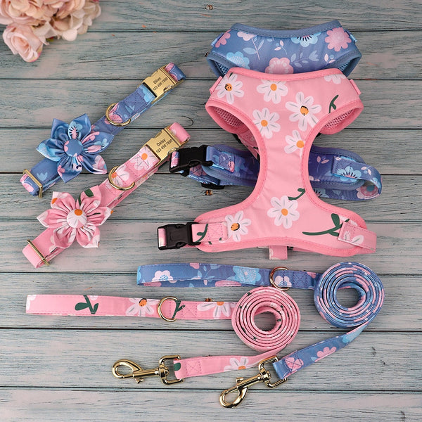 Flower Printed Dog Collar Floral Harness Leash Set For Small To Large Dogs Harnesses