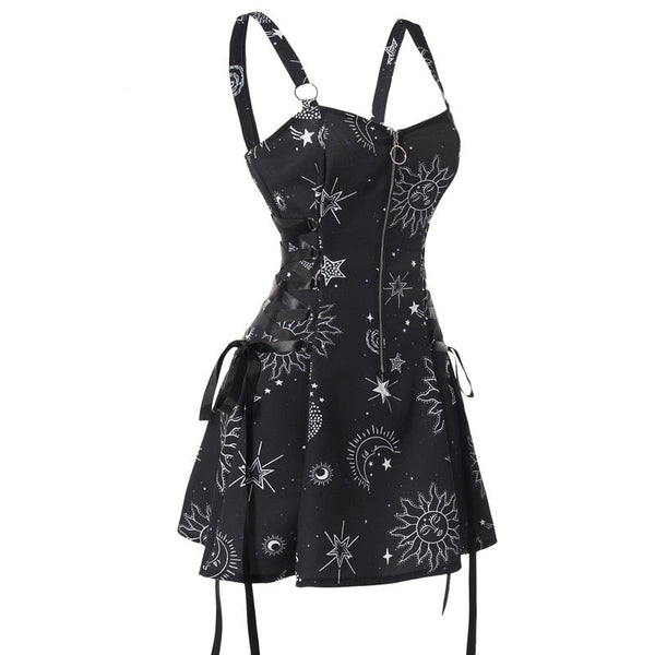 Celestial Sun Moon Print Lace Up Mini Dress Summer Gothic Women Square Neck Witch Dresses
