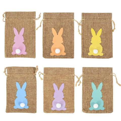 6Pcs Linen Easter Burlap Candy Bags Bunny Pattern Party Gift Snack Pack
