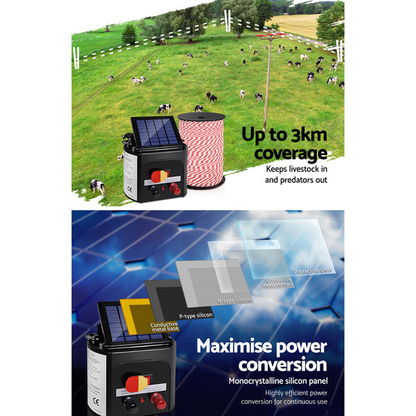 Giantz Electric Fence Energiser 3Km Solar Powered Energizer Charger + 500M Tape Electric Fencing