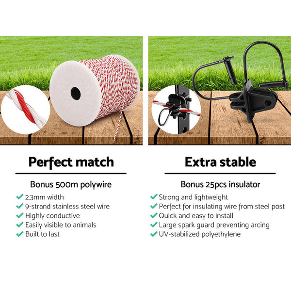 Giantz 5Km Solar Electric Fence Energiser Charger With 500M Tape And 25Pcs Insulators Electric Fencing