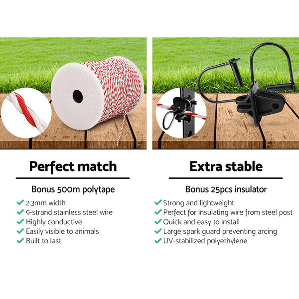 Giantz 8Km Solar Electric Fence Energiser Charger With 500M Tape And 25Pcs Insulators Electric Fencing