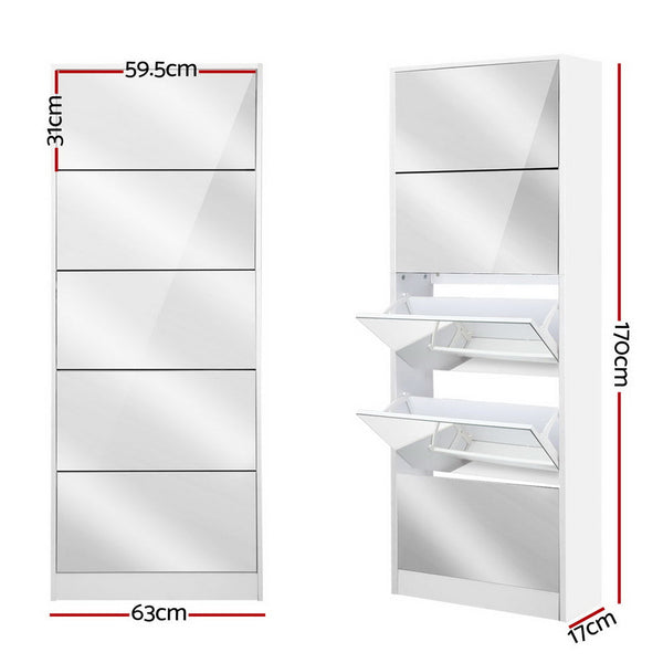 Artiss 5 Drawer Mirrored Shoe Cabinet White Shoe Cabinets