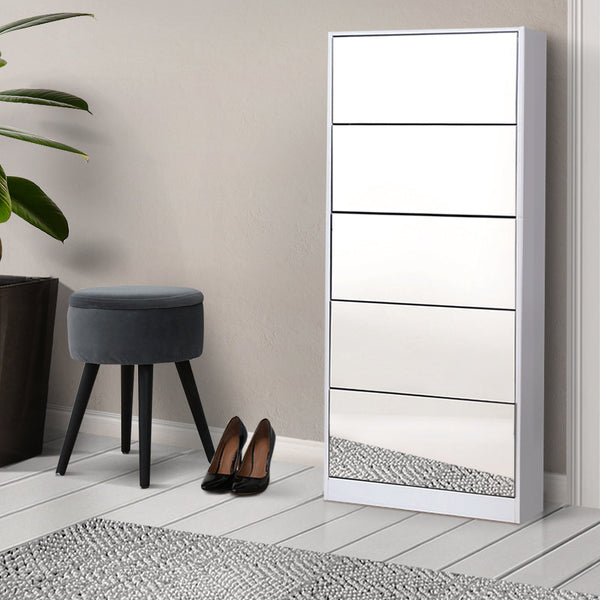 Artiss 5 Drawer Mirrored Shoe Cabinet White Shoe Cabinets